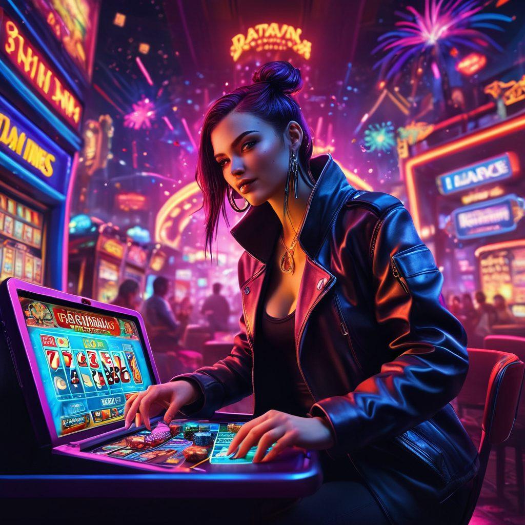 A vibrant, dynamic scene capturing the excitement of online gambling, featuring a glowing neon sign for 'Batavia Downs' amidst an abstract representation of various online games like slots, poker, and roulette. Add elements of a virtual casino atmosphere with enthusiastic players engaging on digital devices, confetti and fireworks in the background symbolizing celebration and thrill. Incorporate bold colors and modern digital art styles. cyberpunk. vibrant colors. 3D.
