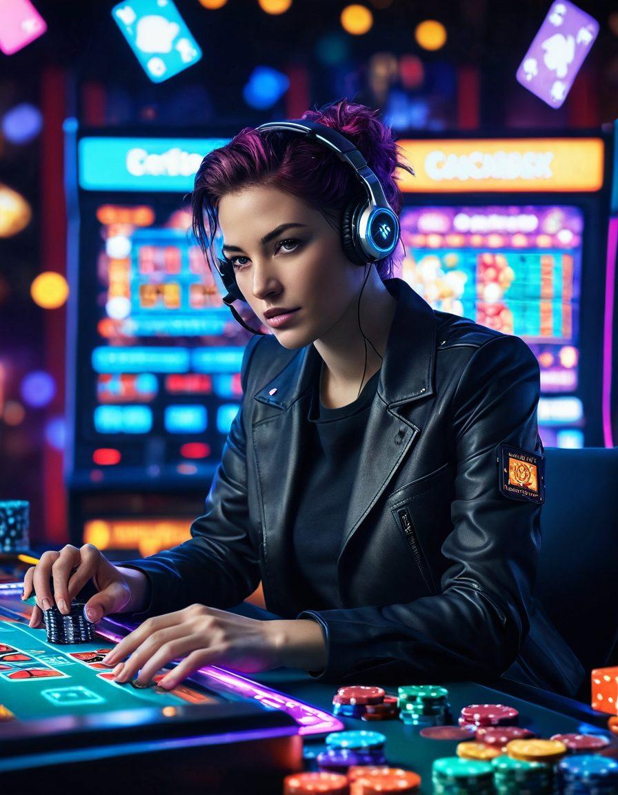 A dynamic scene featuring a person joyfully engaging in various online gambling games on a computer, surrounded by colorful lights and playful icons of cards, dice, and poker chips. The background showcases a vibrant digital landscape representing virtual casinos and gaming experiences, embodying excitement and adventure. The atmosphere should radiate energy and enthusiasm, emphasizing entertainment and a sense of thrill. super-realistic. vibrant colors. cyberpunk.