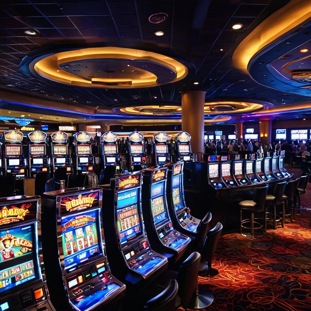 An exciting scene showcasing a vibrant Batavia Downs casino, with neon lights illuminating the slot machines on one side, and a lively sports betting area with screens displaying games on the other. Energetic patrons are engaged in both activities, some cheering for their teams while others spin the reels. The ambiance should be thrilling and dynamic, capturing the essence of gambling energy. vibrant colors. super-realistic.